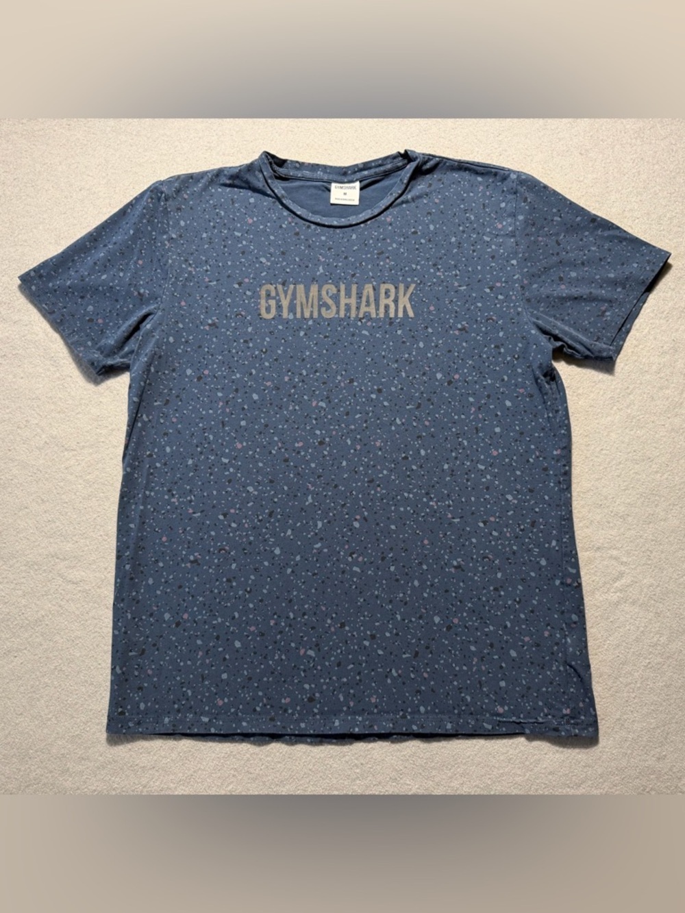 Gymshark Men’s Medium Spell Out Logo T-Shirt Blue Speckled Stretch Athletic Tee